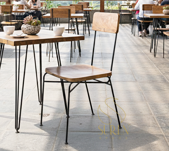 industrial restaurant furniture MS Metal Solid Wood Seat Back Industrial Dining Chair - Image 1