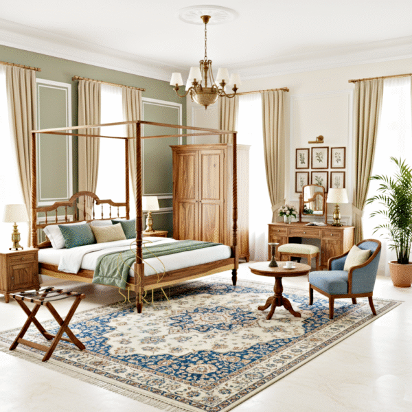 Carved Natural Finish Four Poster Bed