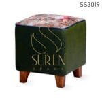 Flower Pattern Green Fabric Wooden Leg Pouf Stool