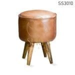 Goat Leather Wooden Stand Round Pouf Stool
