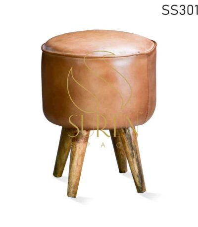 Goat Leather Wooden Stand Round Pouf Stool