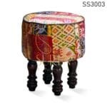 Gudri Fabric Printed Design Round Carved Leg Stool