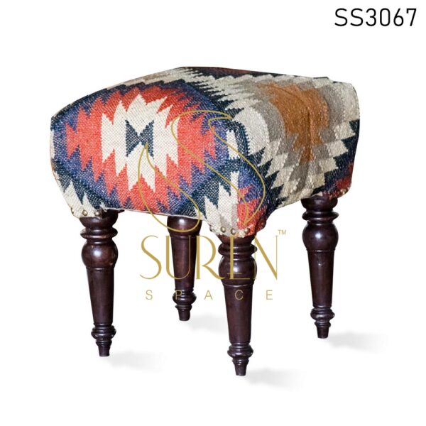 Indian Hand Loom Fabric Wooden Leg Stool Pouf