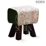 Indian Printed Fabric Solid Wood Pouf Ottoman Design