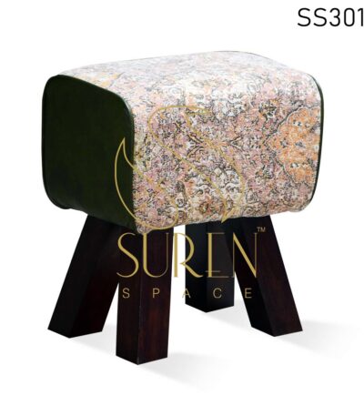 Indian Printed Fabric Solid Wood Pouf Ottoman Design