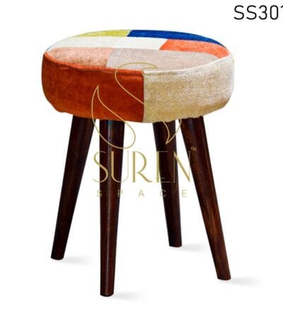 Printed Fabric Wooden Base Round Pouf Stool