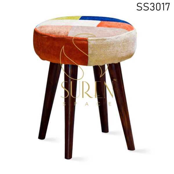 Printed Fabric Wooden Base Round Pouf Stool
