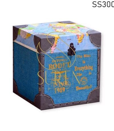 World Map Printed Antique Finish Storage Box cum Stool