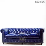 Blue-finished Tufted Three-Seater Chesterfield Sofa