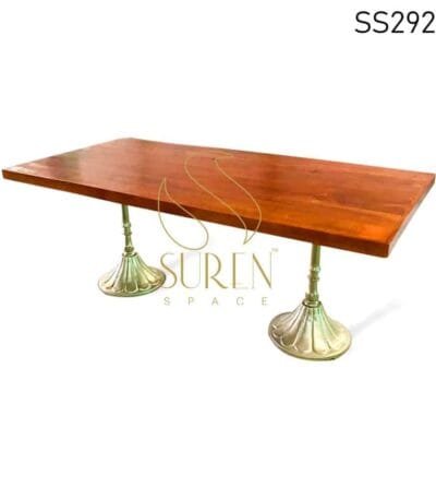 Golden Finish Cast Iron Duel Leg Solid Wood Folding Table