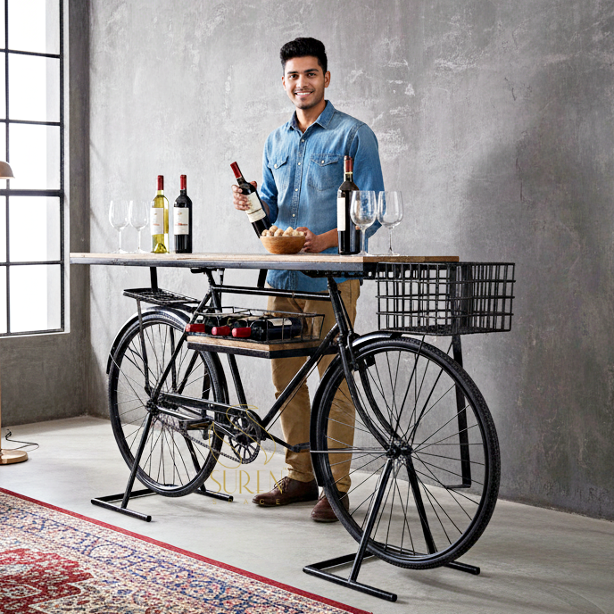 HOME BAR AUTOMOBILE design Black Finish Cycle Design Automobile Console Table - Image 1