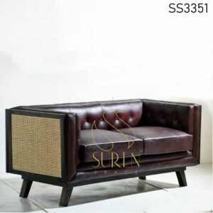 Natural Cane Solid Wood Leather Two-Seater Sofa