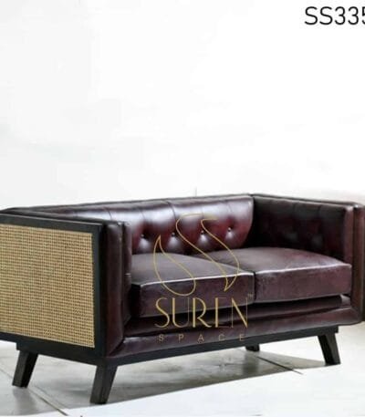 Natural Cane Solid Wood Leather Two-Seater Sofa