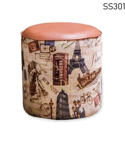 Printed Round Fabric Leather Pouf Design