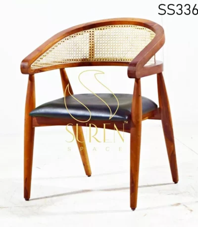 Curve Wooden Cane Leather Seating Accent Chair