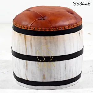 Drum Design Distress Finish Leather Seating Stool