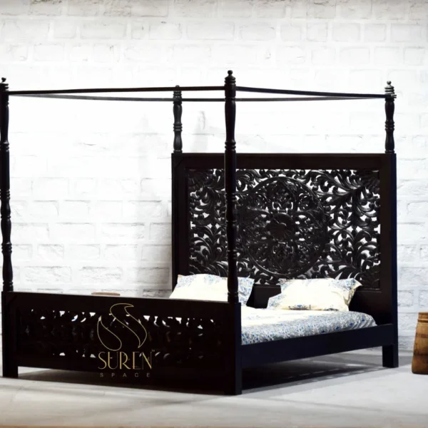 Mango Wood Carved Four Poster Resort Bed