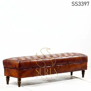 Tufted Long Genuine Leather Long Pouf