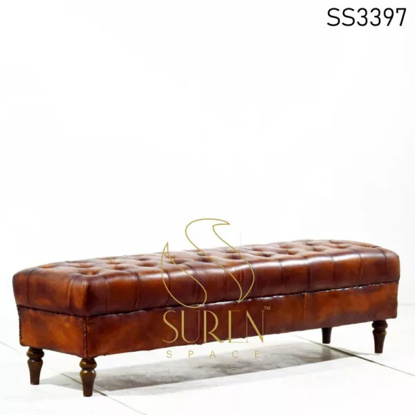 Tufted Long Genuine Leather Long Pouf
