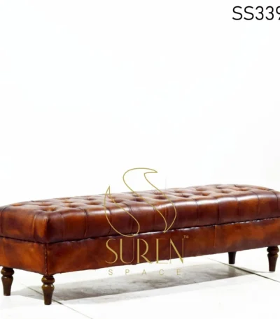 Tufted Long Genuine Leather Long Pouf