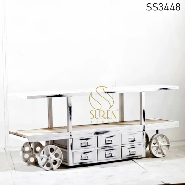 White Distress Metal Wood Trolley Design