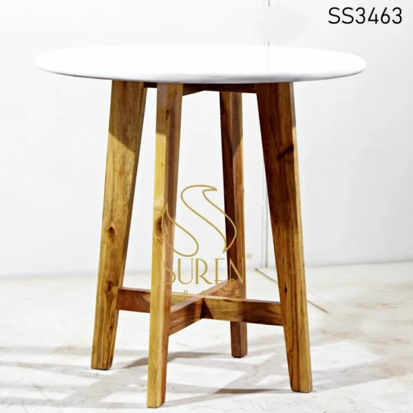 White Top Natural Finish Leg Round Table