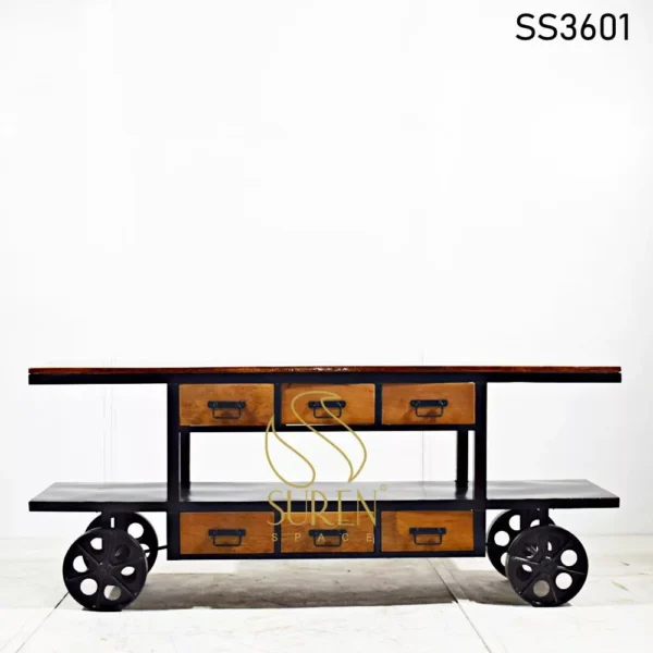 Epoxy Resin Top Wooden Iron Trolley Design