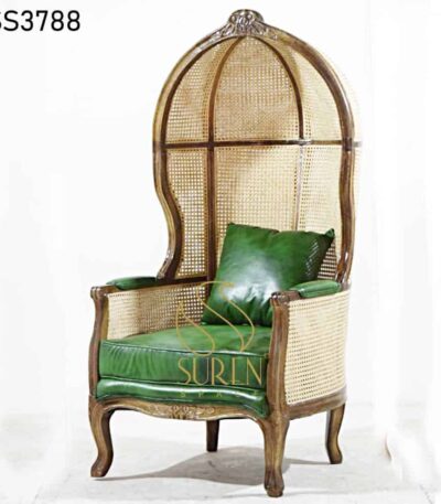 Indian Solid Wood Cane Back Leather Seat Chair Fully Natural Cane Curved Balloon Chair Leather Seating 2