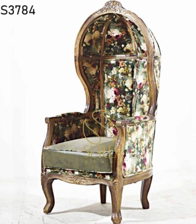 Indian Solid Wood Cane Back Leather Seat Chair Printed Fabric Curved Balloon Chair 2