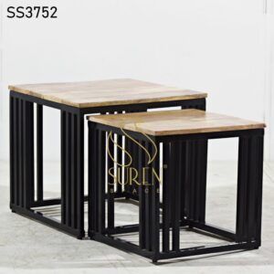 Industrial Furniture Jodhpur : Manufacturer and Supplier Black Iron Solid Wood Set of Two Side Tables 2