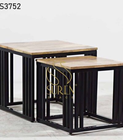 Natural Finish Industrial Design Coffee Table Black Iron Solid Wood Set of Two Side Tables 2