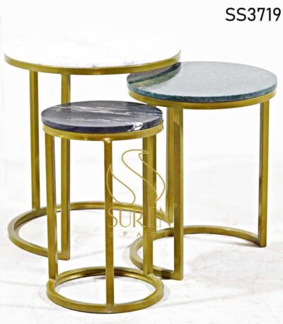 Industrial Round Center Table Golden Base Set of Three Stone Tables 2
