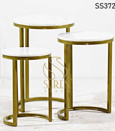 Distress Solid Wood Set of Three Nest of Table Set Golden Metal White Marble Set of Three Tables 2