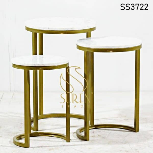 Golden Metal White Marble Set of Three Tables Golden Metal White Marble Set of Three Tables 2