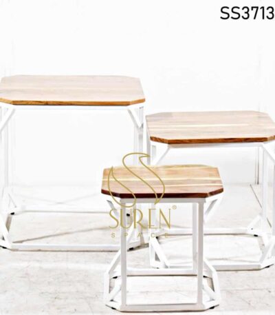 Distress Solid Wood Set of Three Nest of Table Set White Metal Solid Wood Set of Three 3