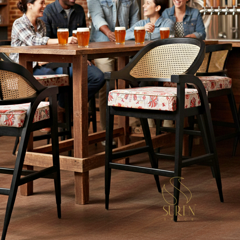 Rattan Cane High Chair Modern Cane Back Black Finish Brewery Chair - Image 1
