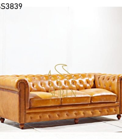 Brown Finish Three Seater Chesterfield Sofa