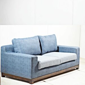 Fabric Blue Wooden Legs Three Seater Sofa