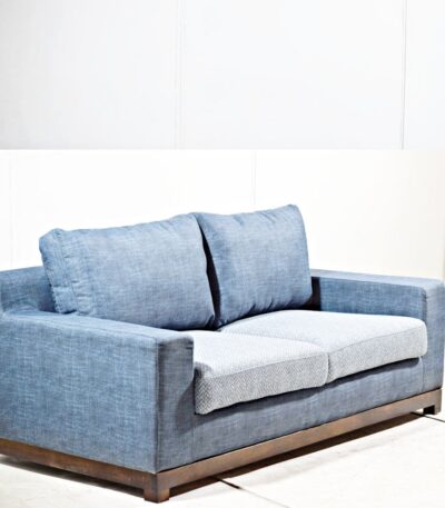 Fabric Blue Wooden Legs Three Seater Sofa