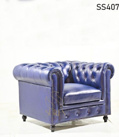 Indian Solid Wood Pure Leather Booth Sofa Blue Chesterfield Single Seater Sofa