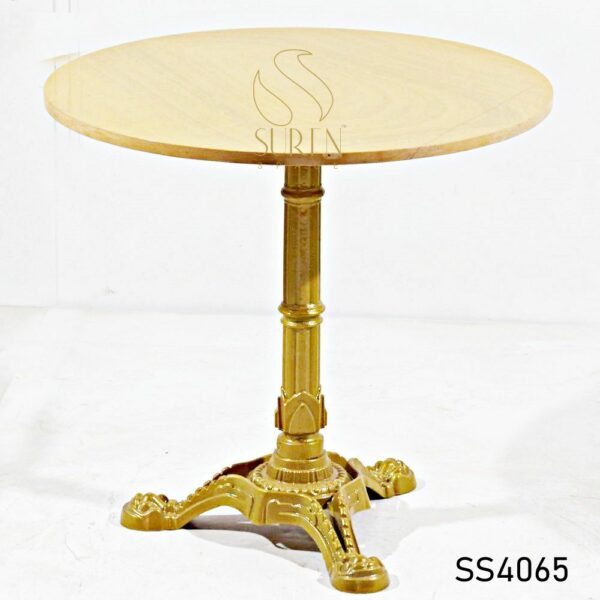 Solid Mango Wood Round Table Golden Finish Jaisalmer Stone Top Table